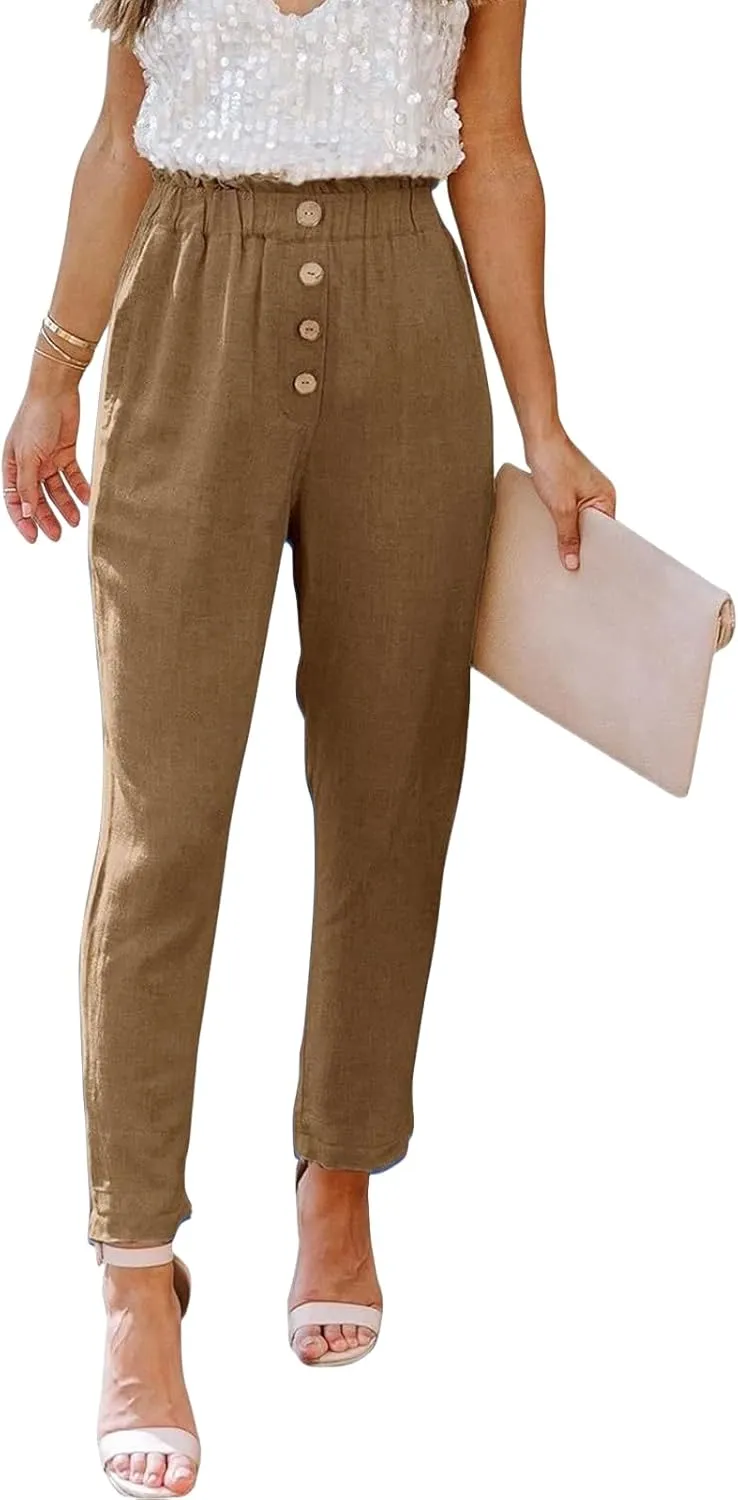 Womens Casual Pants Cotton Linen High Waisted Work Paper Bag Comfy Work Slim Office Dressy Tapered Pants