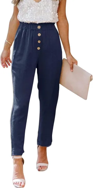 Womens Casual Pants Cotton Linen High Waisted Work Paper Bag Comfy Work Slim Office Dressy Tapered Pants