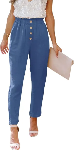 Womens Casual Pants Cotton Linen High Waisted Work Paper Bag Comfy Work Slim Office Dressy Tapered Pants