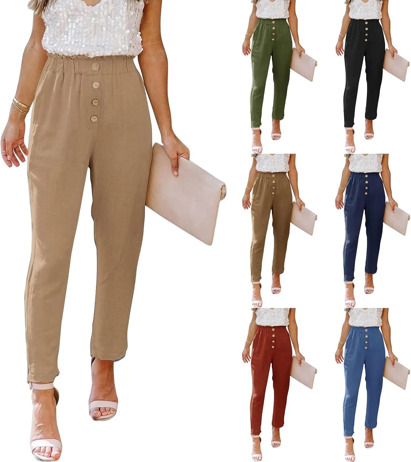 Womens Casual Pants Cotton Linen High Waisted Work Paper Bag Comfy Work Slim Office Dressy Tapered Pants