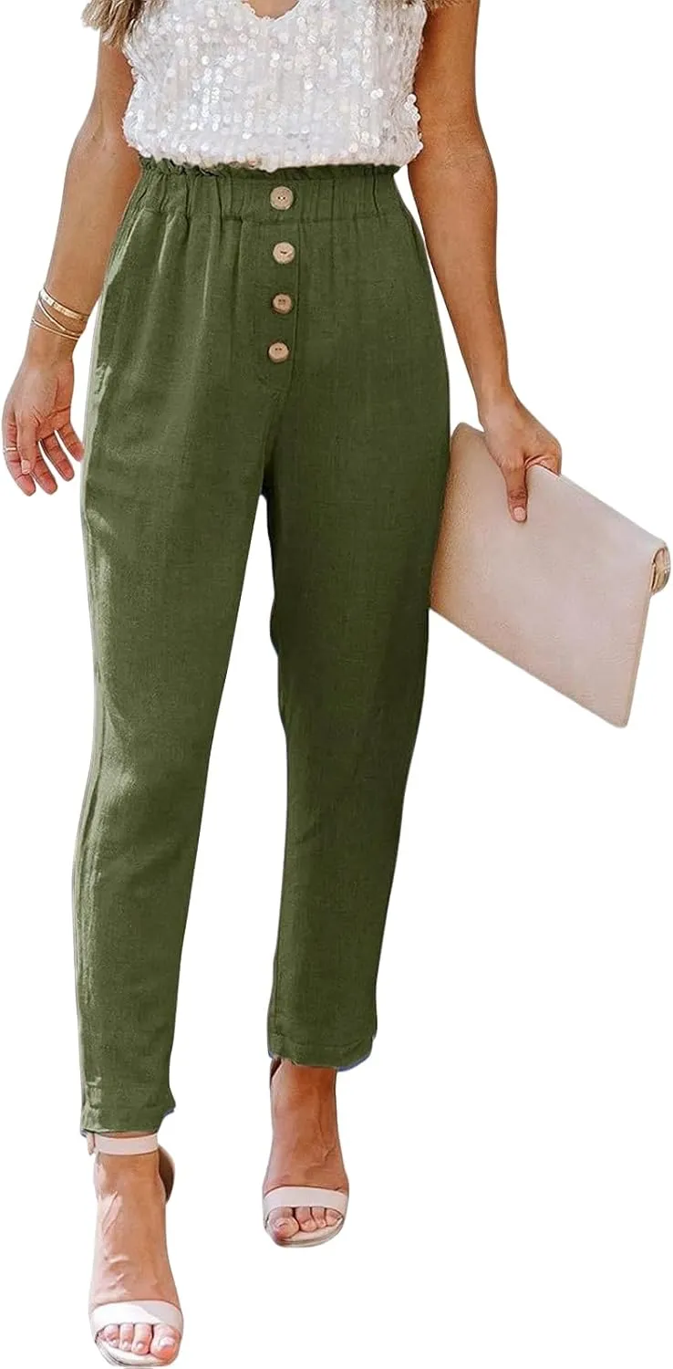 Womens Casual Pants Cotton Linen High Waisted Work Paper Bag Comfy Work Slim Office Dressy Tapered Pants