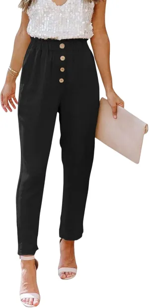 Womens Casual Pants Cotton Linen High Waisted Work Paper Bag Comfy Work Slim Office Dressy Tapered Pants