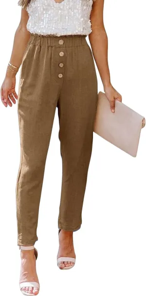 Womens Casual Pants Cotton Linen High Waisted Work Paper Bag Comfy Work Slim Office Dressy Tapered Pants