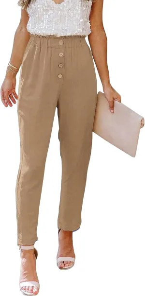 Womens Casual Pants Cotton Linen High Waisted Work Paper Bag Comfy Work Slim Office Dressy Tapered Pants