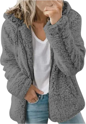 Womens Casual Plush Warm Winter Jacket Fuzzy Fleece Hooded Trench Fashion Hoodie Long Sleeve Zip Up Open Front Cardigan