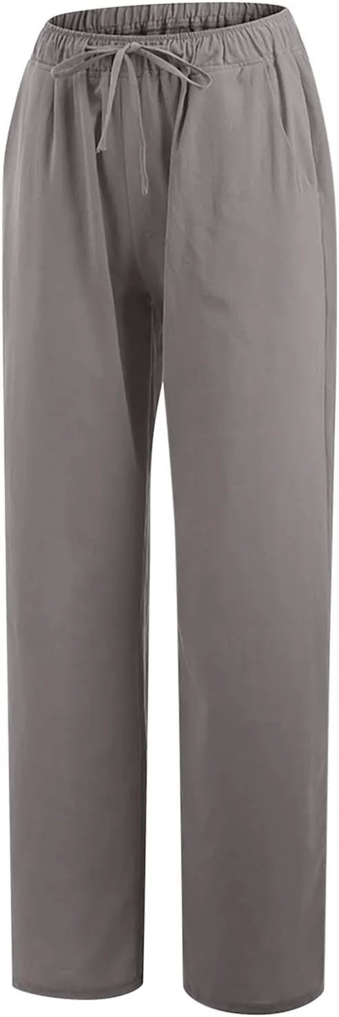 Womens Cotton Linen Pants Baggy Casual Straight Leg Pants 2025 Summer Fashion Beach Pants Basic Solid Flowy Pants