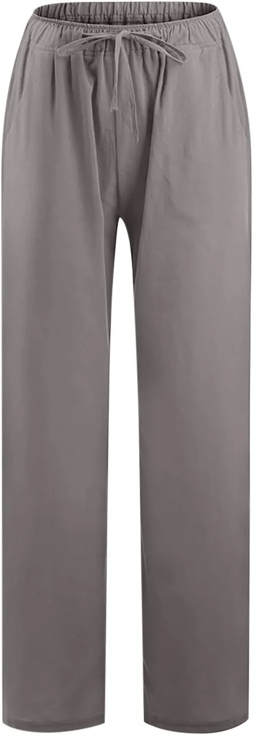 Womens Cotton Linen Pants Baggy Casual Straight Leg Pants 2025 Summer Fashion Beach Pants Basic Solid Flowy Pants