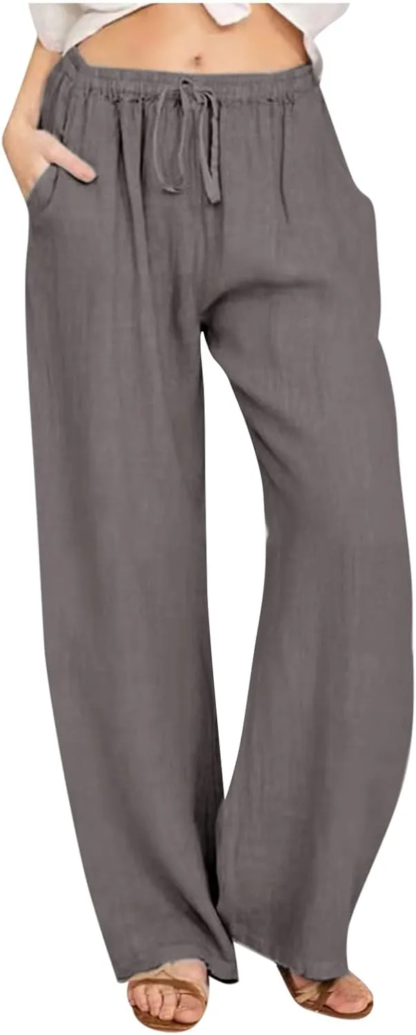 Womens Cotton Linen Pants Baggy Casual Straight Leg Pants 2025 Summer Fashion Beach Pants Basic Solid Flowy Pants