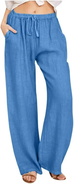 Womens Cotton Linen Pants Baggy Casual Straight Leg Pants 2025 Summer Fashion Beach Pants Basic Solid Flowy Pants