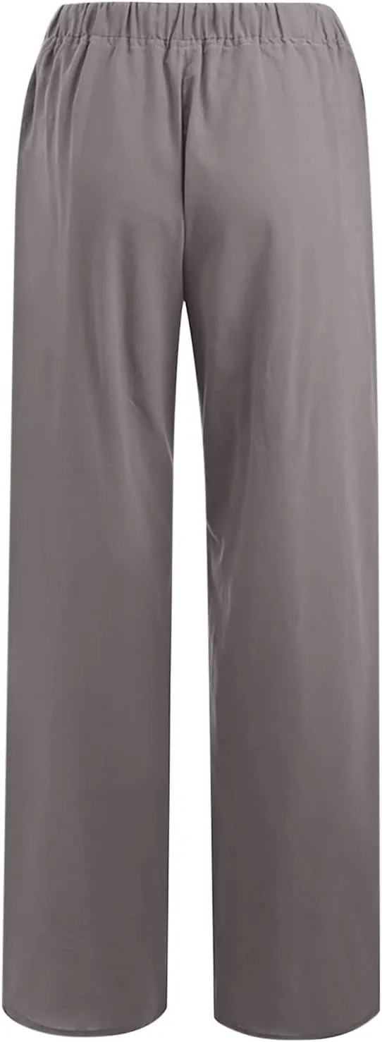 Womens Cotton Linen Pants Baggy Casual Straight Leg Pants 2025 Summer Fashion Beach Pants Basic Solid Flowy Pants