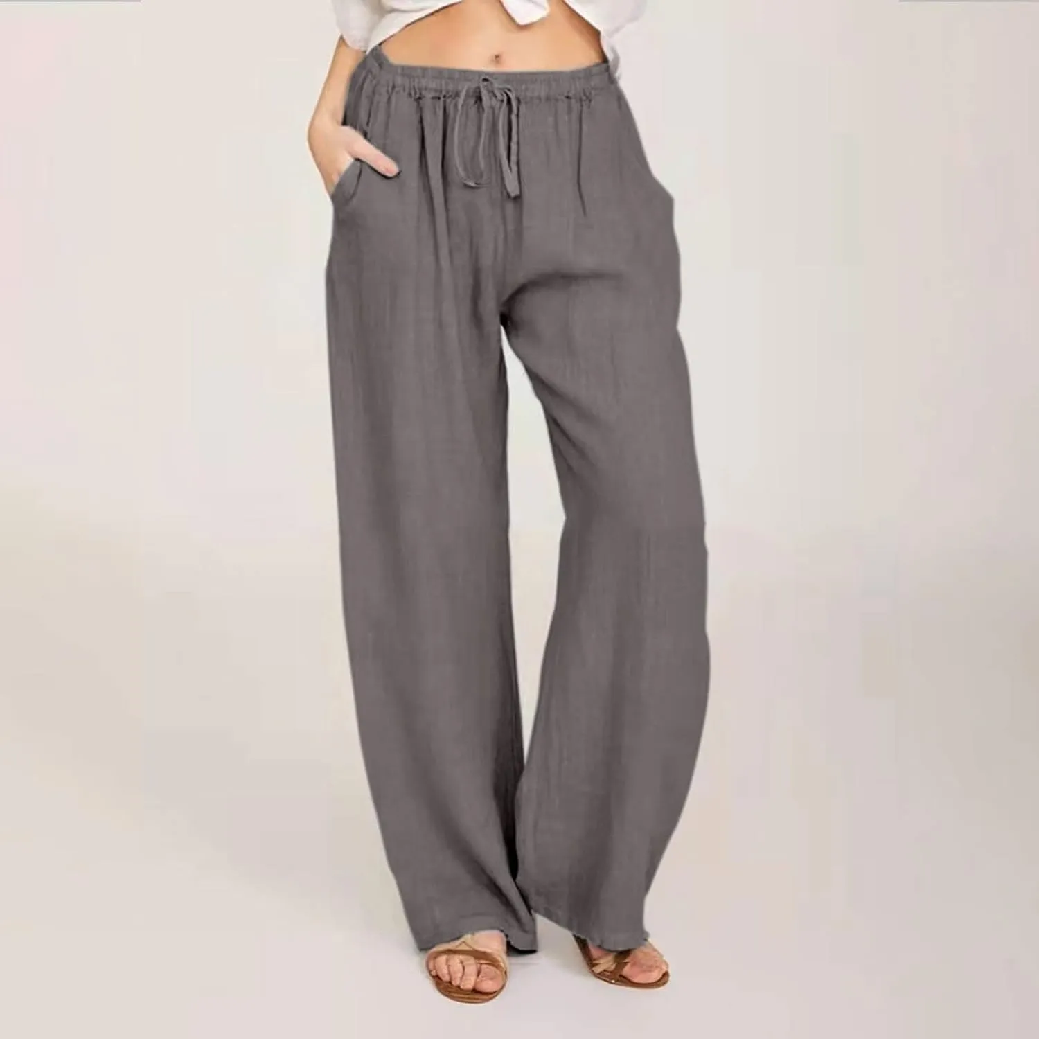 Womens Cotton Linen Pants Baggy Casual Straight Leg Pants 2025 Summer Fashion Beach Pants Basic Solid Flowy Pants