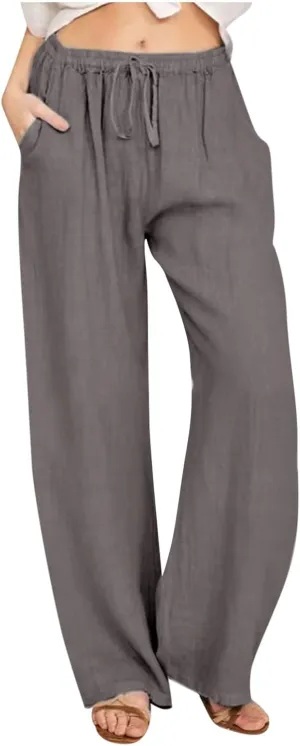 Womens Cotton Linen Pants Baggy Casual Straight Leg Pants 2025 Summer Fashion Beach Pants Basic Solid Flowy Pants