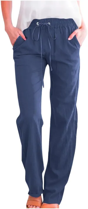 Womens Cotton Linen Pants Loose Casual Straight Leg Pants Elastic Waist Drawstring Basic Solid Color Work Pants