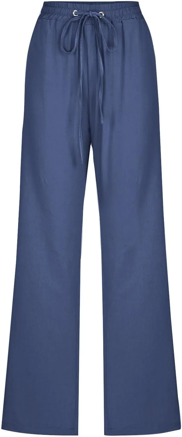 Womens Cotton Linen Pants Loose Casual Straight Leg Pants Elastic Waist Drawstring Basic Solid Color Work Pants