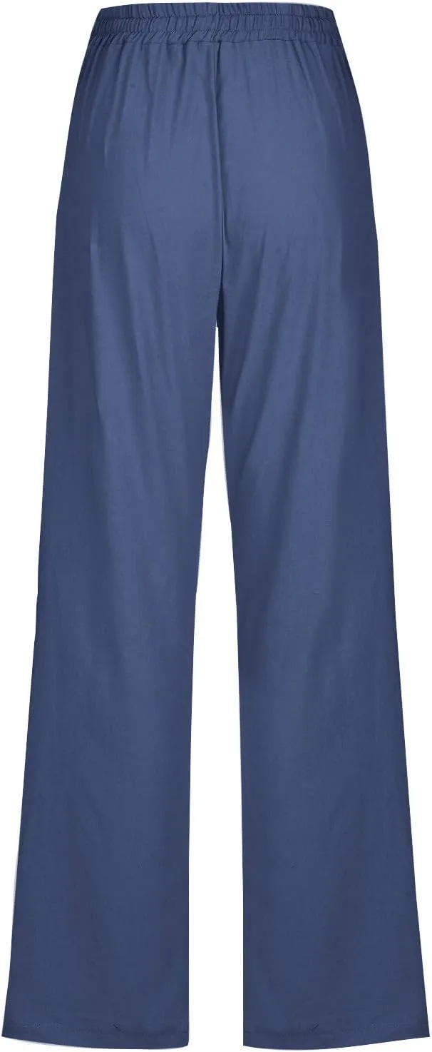 Womens Cotton Linen Pants Loose Casual Straight Leg Pants Elastic Waist Drawstring Basic Solid Color Work Pants