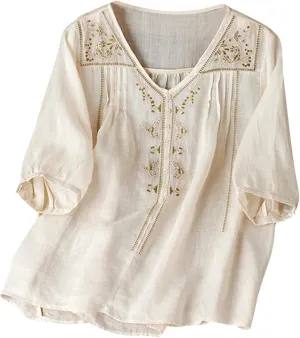 Women's Cotton Linen Shirt Boho Embroidery Peasant Tees Casual Loose Lightweight V Neck Button Down Tunic Mexico Tops