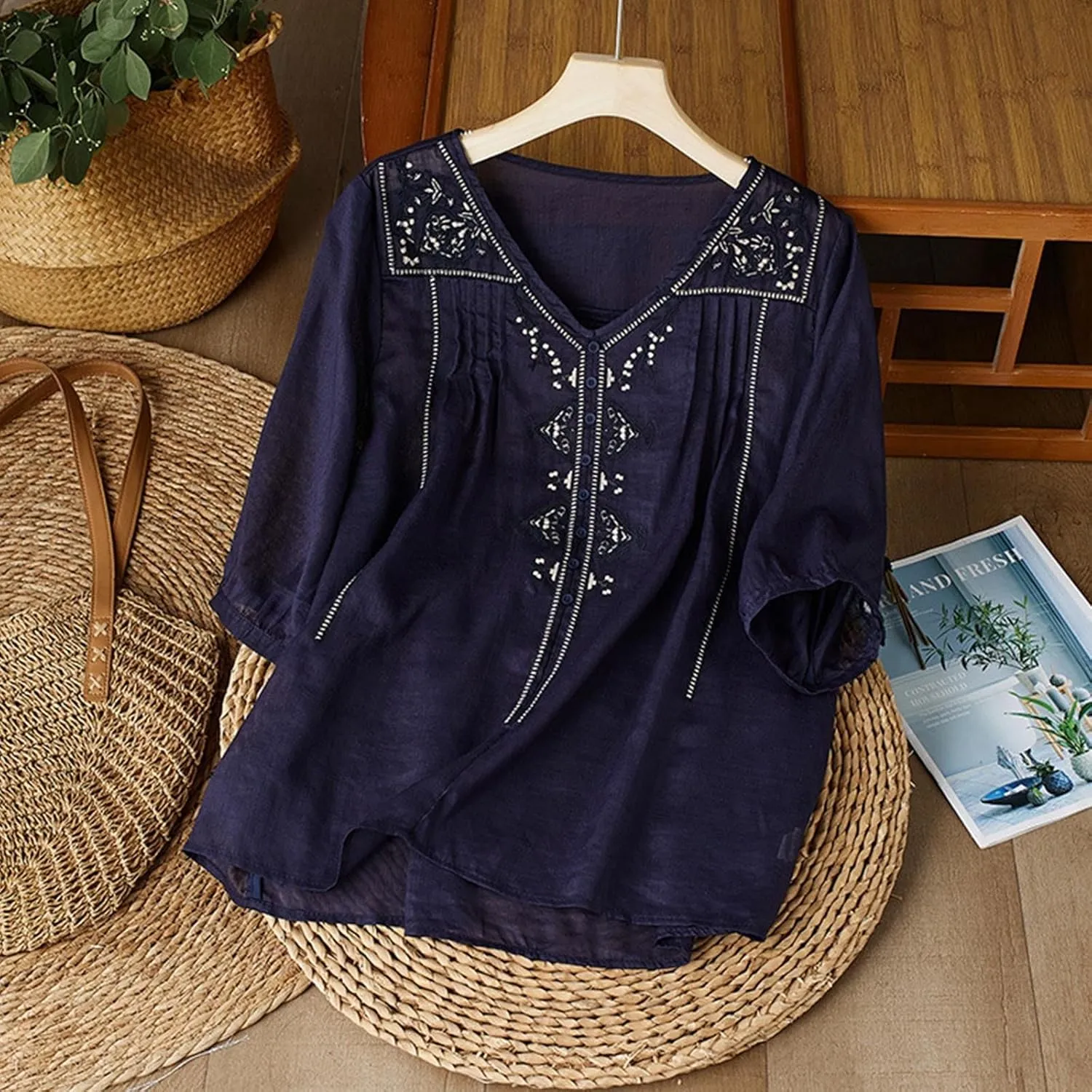 Women's Cotton Linen Shirt Boho Embroidery Peasant Tees Casual Loose Lightweight V Neck Button Down Tunic Mexico Tops
