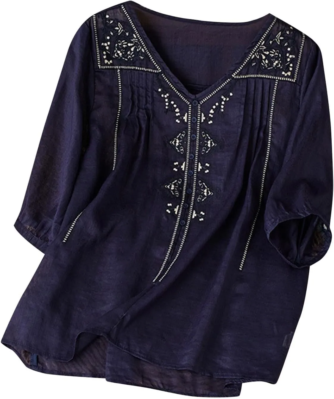 Women's Cotton Linen Shirt Boho Embroidery Peasant Tees Casual Loose Lightweight V Neck Button Down Tunic Mexico Tops