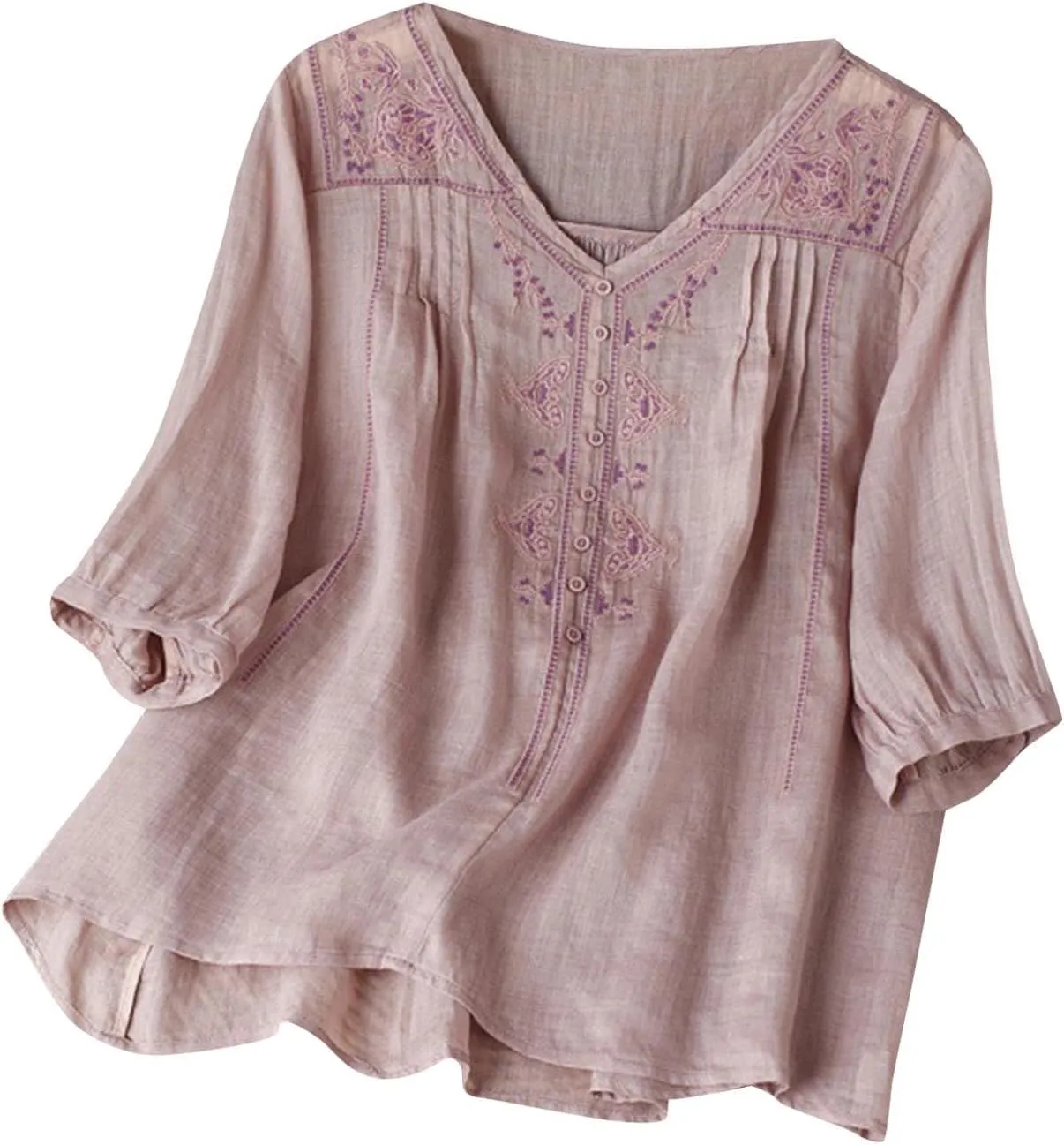 Women's Cotton Linen Shirt Boho Embroidery Peasant Tees Casual Loose Lightweight V Neck Button Down Tunic Mexico Tops