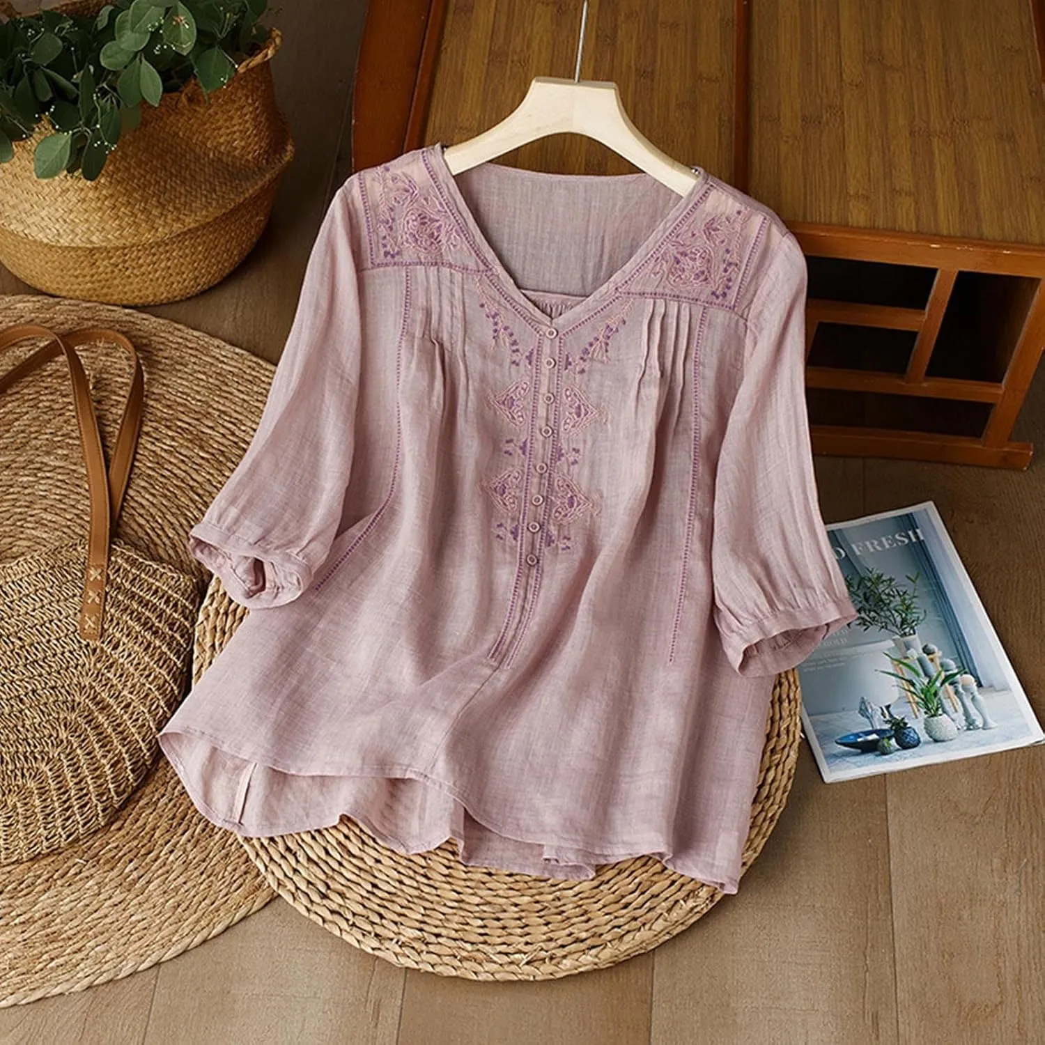 Women's Cotton Linen Shirt Boho Embroidery Peasant Tees Casual Loose Lightweight V Neck Button Down Tunic Mexico Tops