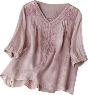 Women's Cotton Linen Shirt Boho Embroidery Peasant Tees Casual Loose Lightweight V Neck Button Down Tunic Mexico Tops