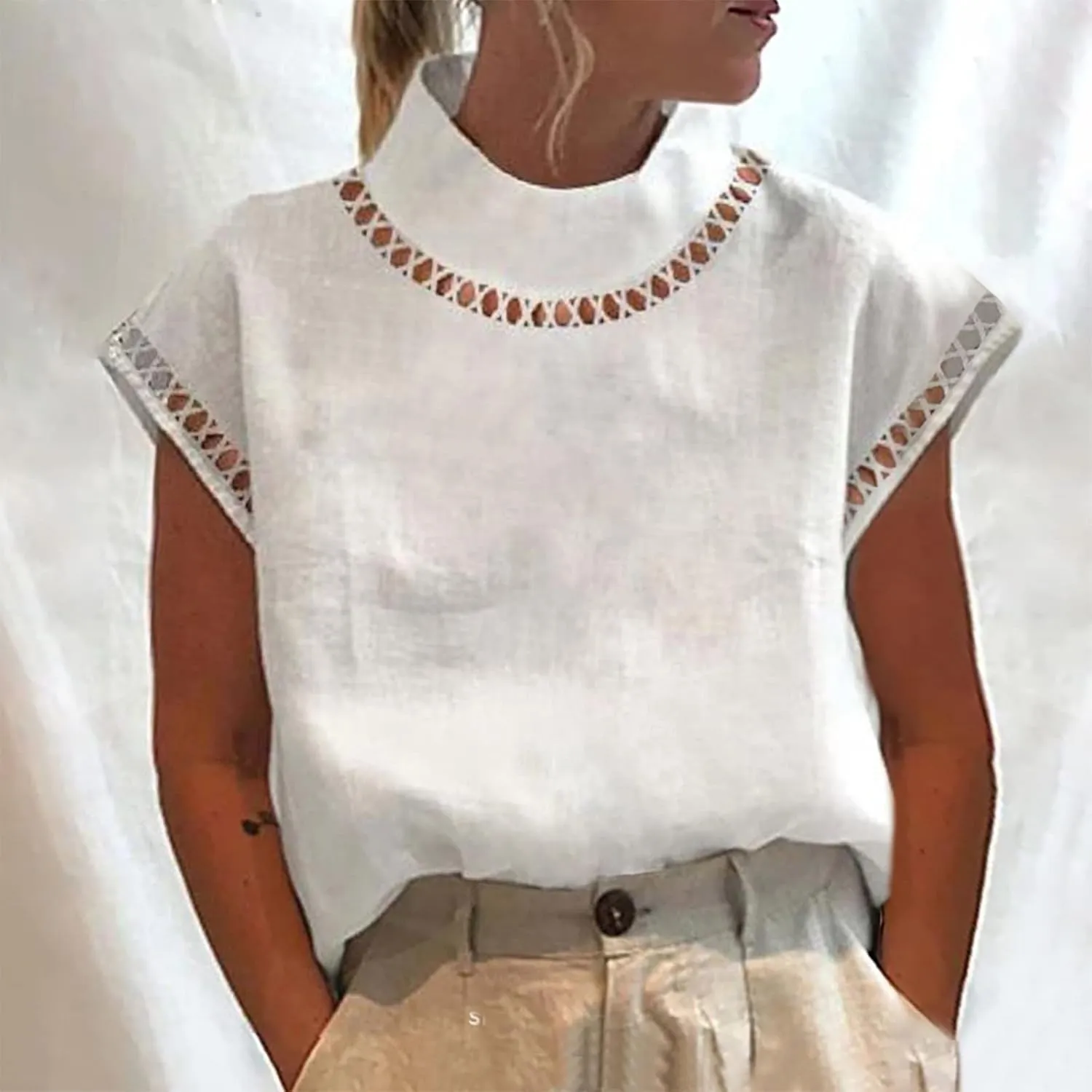 Women's Cotton Linen Tops Mock Turtleneck Summer T-Shirt Casual Hollow Out Cap Sleeve Shirts Loose Solid Blouse