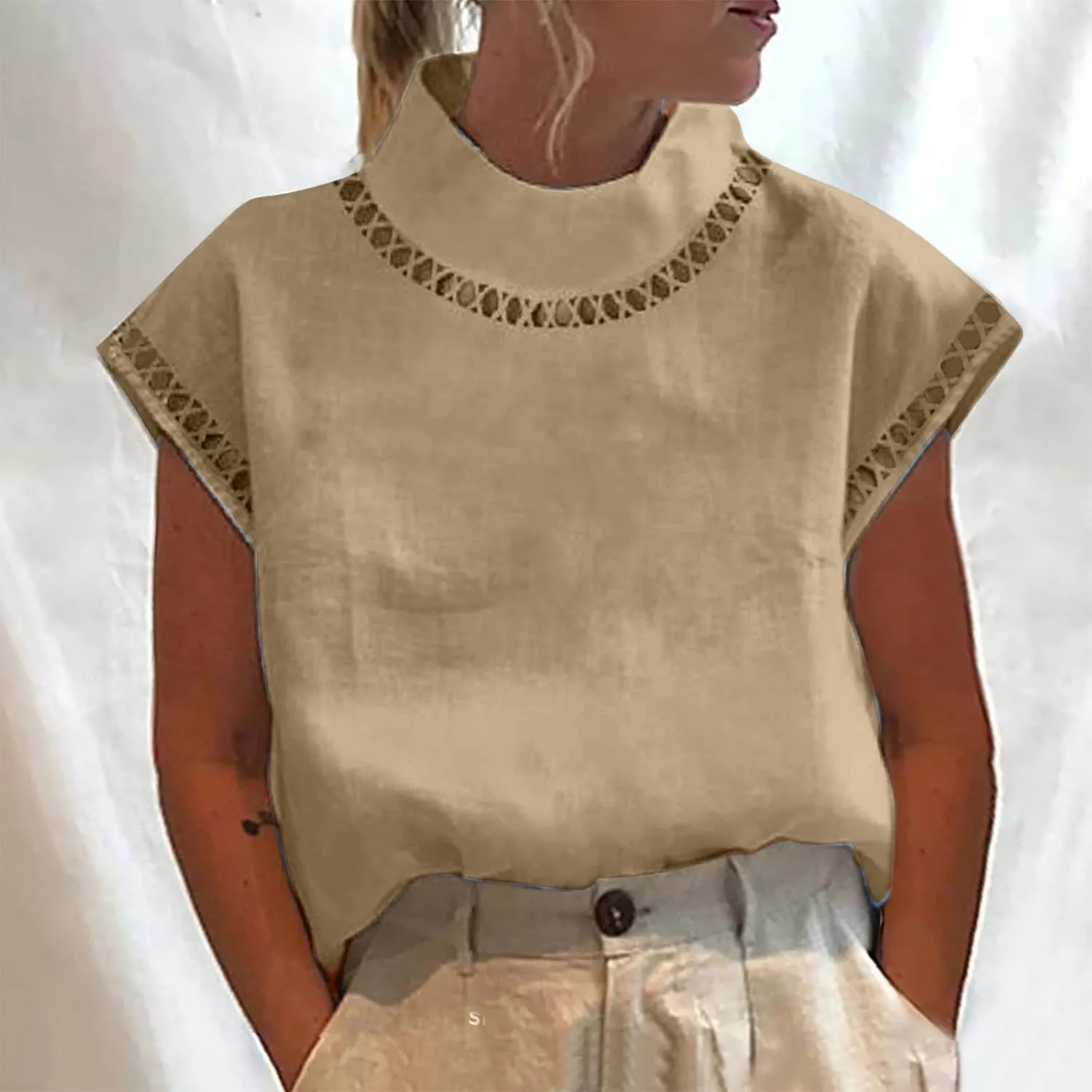 Women's Cotton Linen Tops Mock Turtleneck Summer T-Shirt Casual Hollow Out Cap Sleeve Shirts Loose Solid Blouse