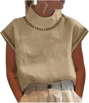 Women's Cotton Linen Tops Mock Turtleneck Summer T-Shirt Casual Hollow Out Cap Sleeve Shirts Loose Solid Blouse