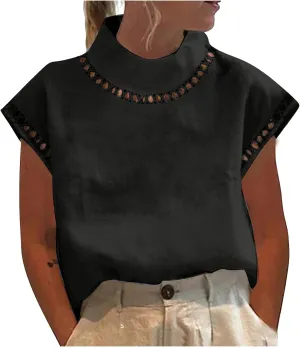 Women's Cotton Linen Tops Mock Turtleneck Summer T-Shirt Casual Hollow Out Cap Sleeve Shirts Loose Solid Blouse