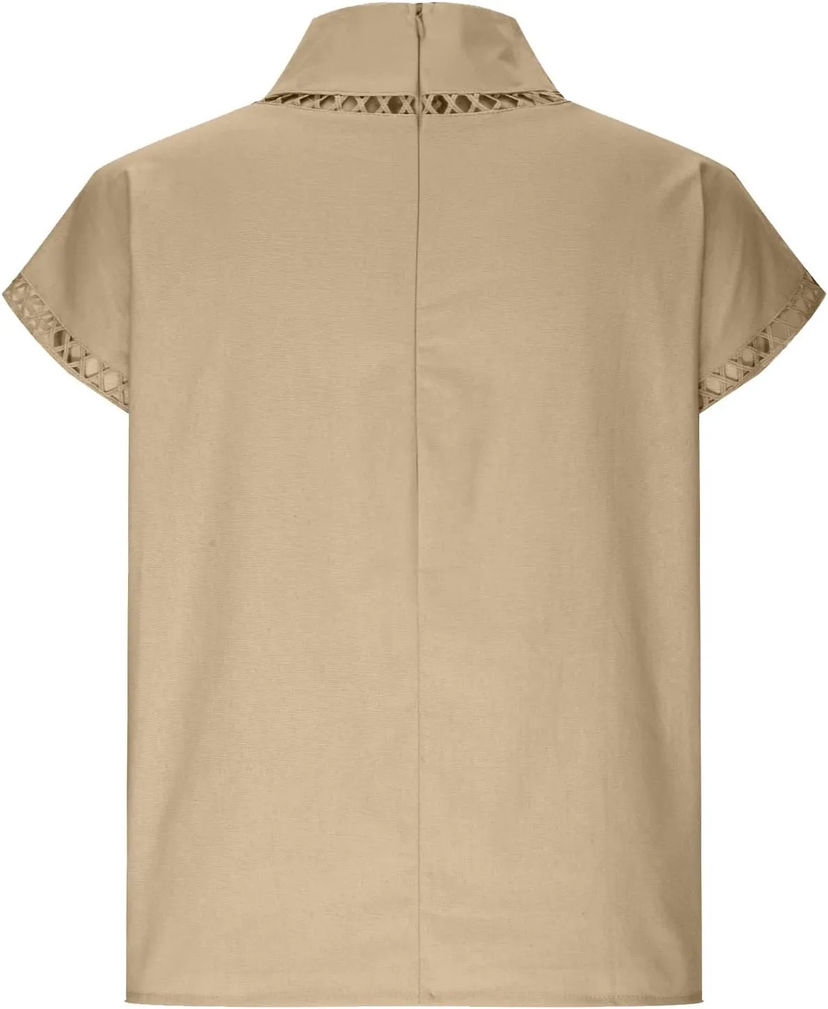 Women's Cotton Linen Tops Mock Turtleneck Summer T-Shirt Casual Hollow Out Cap Sleeve Shirts Loose Solid Blouse