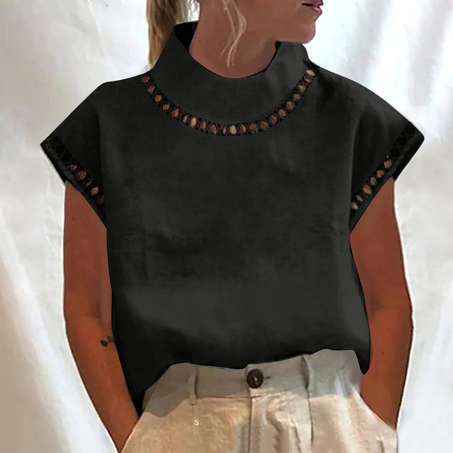 Women's Cotton Linen Tops Mock Turtleneck Summer T-Shirt Casual Hollow Out Cap Sleeve Shirts Loose Solid Blouse