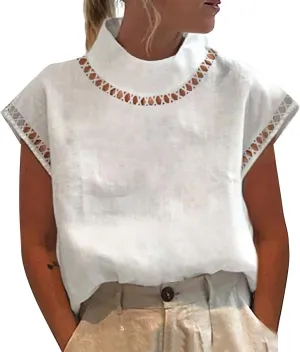 Women's Cotton Linen Tops Mock Turtleneck Summer T-Shirt Casual Hollow Out Cap Sleeve Shirts Loose Solid Blouse
