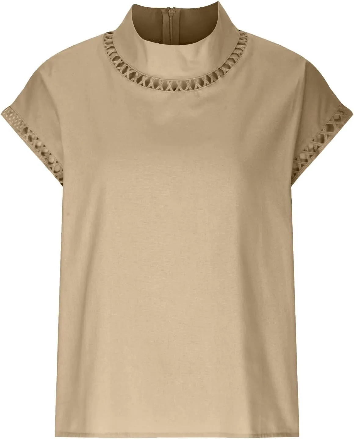 Women's Cotton Linen Tops Mock Turtleneck Summer T-Shirt Casual Hollow Out Cap Sleeve Shirts Loose Solid Blouse