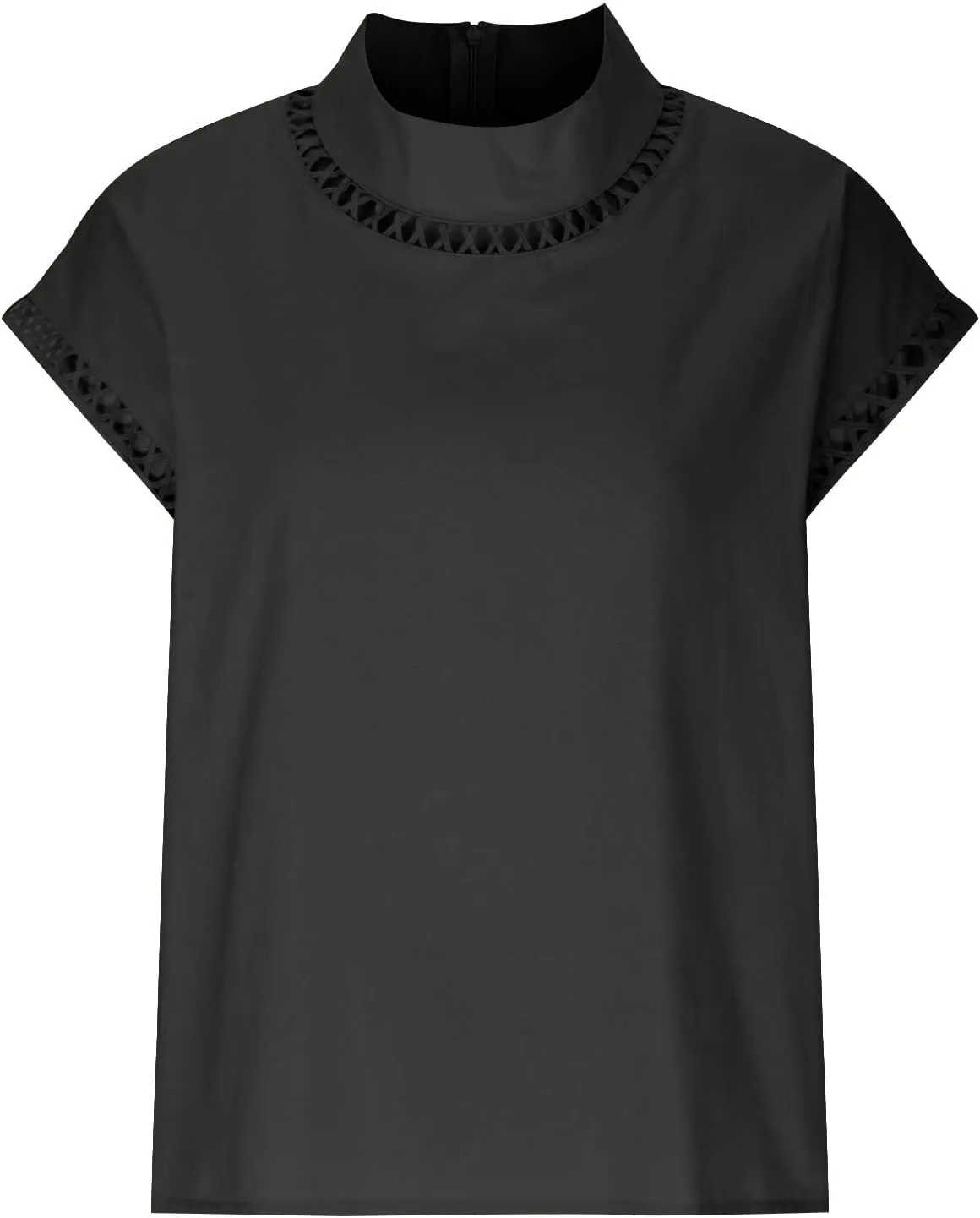 Women's Cotton Linen Tops Mock Turtleneck Summer T-Shirt Casual Hollow Out Cap Sleeve Shirts Loose Solid Blouse