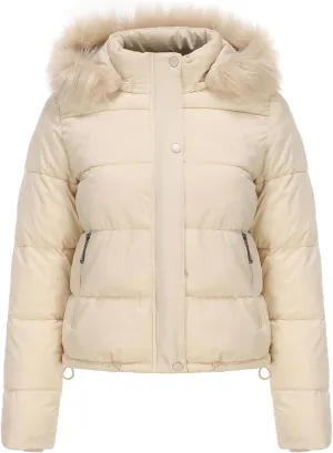 Women's Crop Puffer Jacket Warm Thickened Zip Up Down Jacket Quilted Parkas Faux Fur Removable Hood Outerwear Pockets