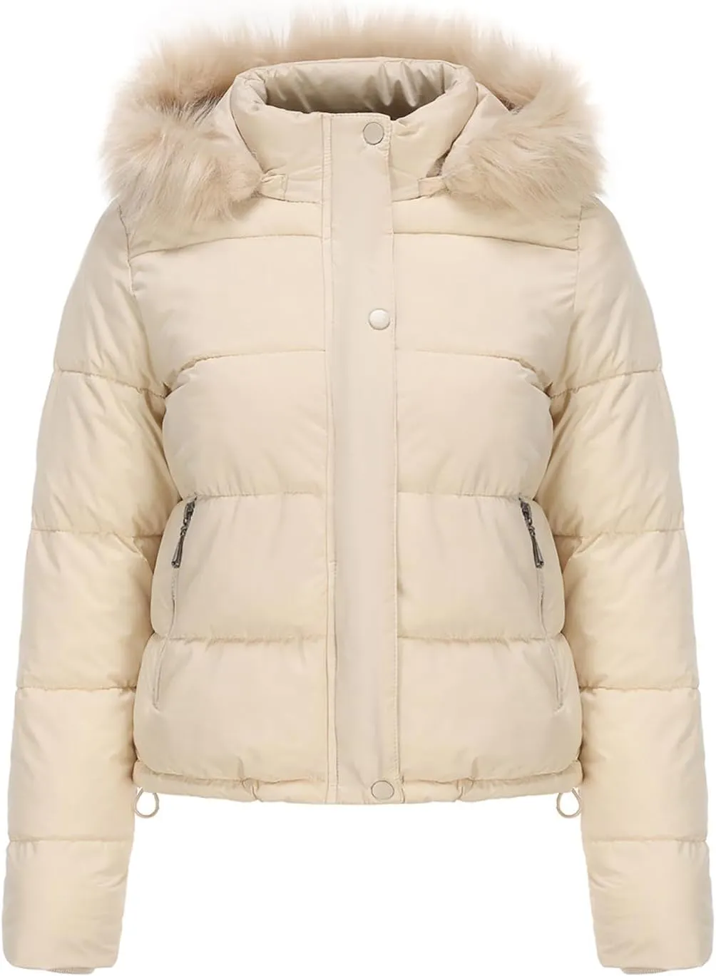 Women's Crop Puffer Jacket Warm Thickened Zip Up Down Jacket Quilted Parkas Faux Fur Removable Hood Outerwear Pockets