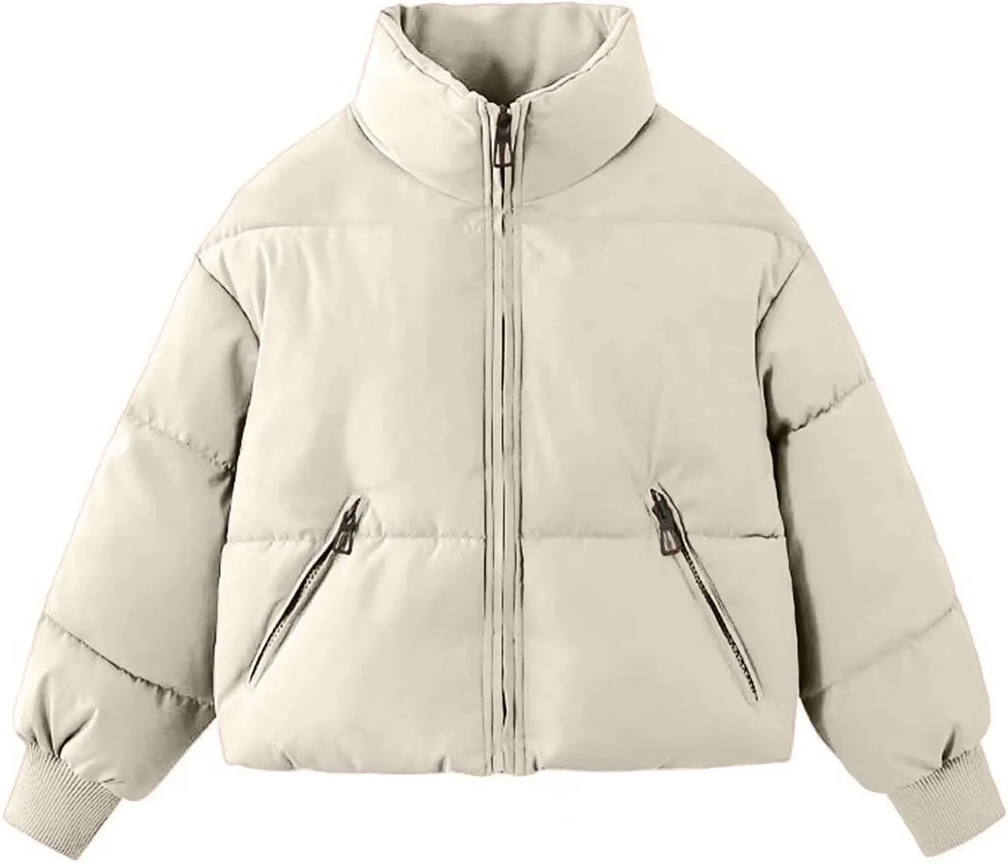 Women's Cropped Puffer Jackets with Pockets Thickened Winter Down Coat Stand Collar Loose Fit Quilted Jacket Fashion