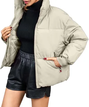 Women's Cropped Puffer Jackets with Pockets Thickened Winter Down Coat Stand Collar Loose Fit Quilted Jacket Fashion