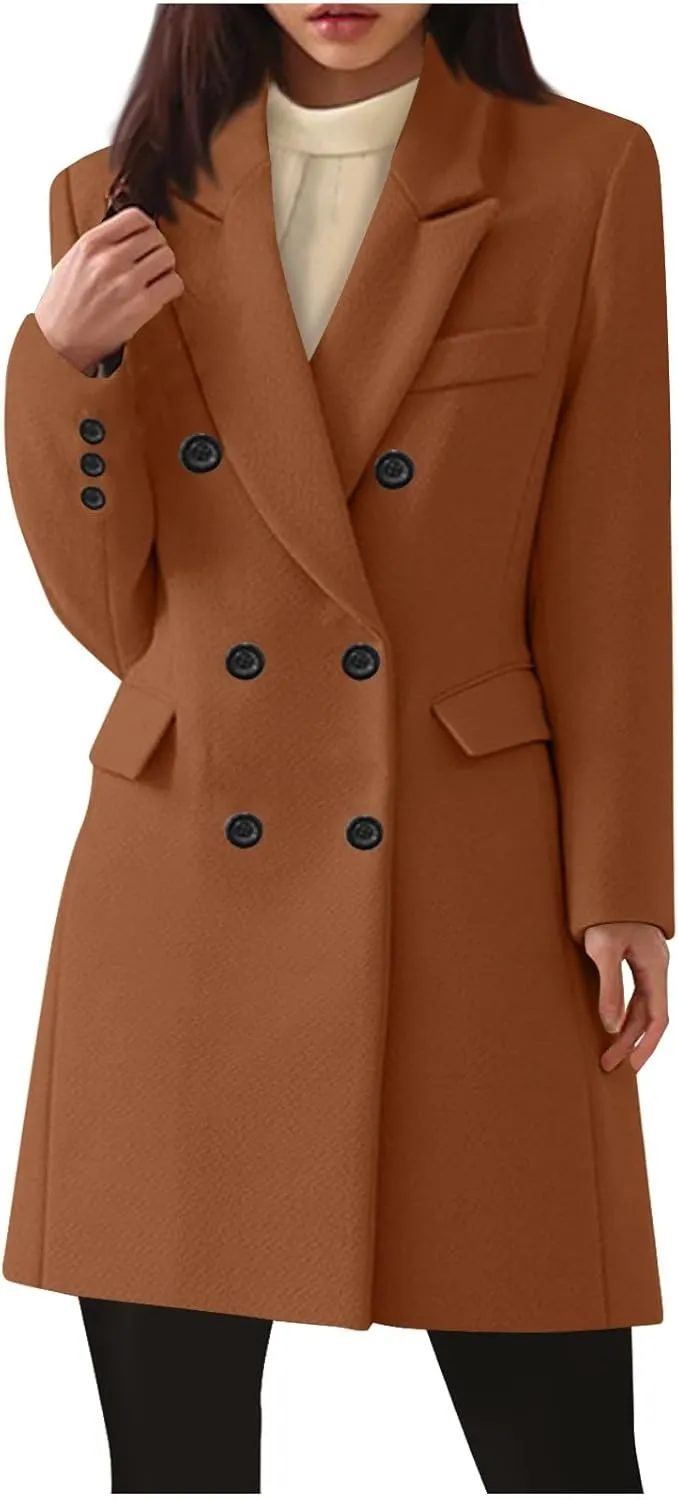 Women's Double Breasted Trench Coat Business Casual Lapel Slim Overcoat Long Blazer Jackets Plus Size Outwear
