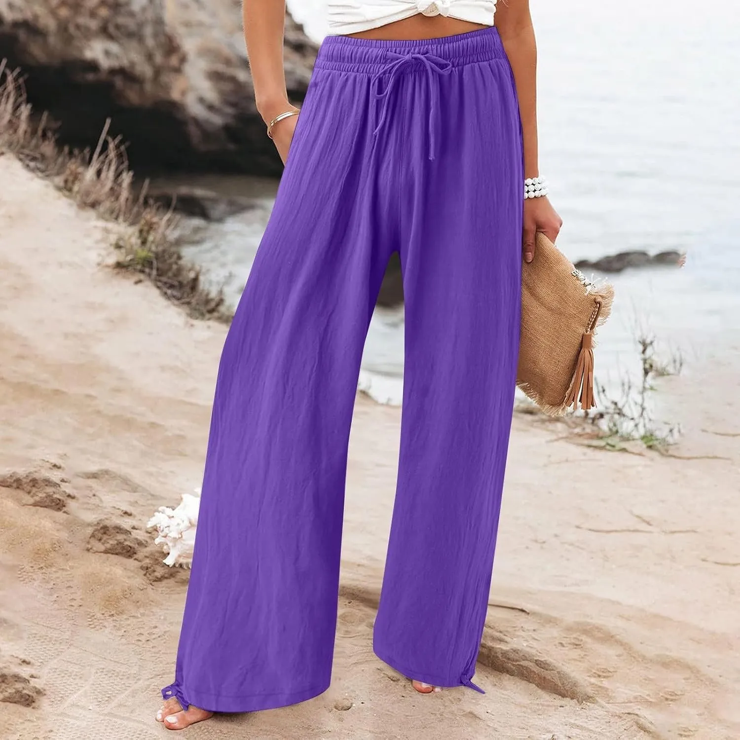 Womens Drawstring Elastic Waist Pants Casual Wide Leg Trousers with Pockets Comfy Straight Leg Pants Bottom Bow Tie