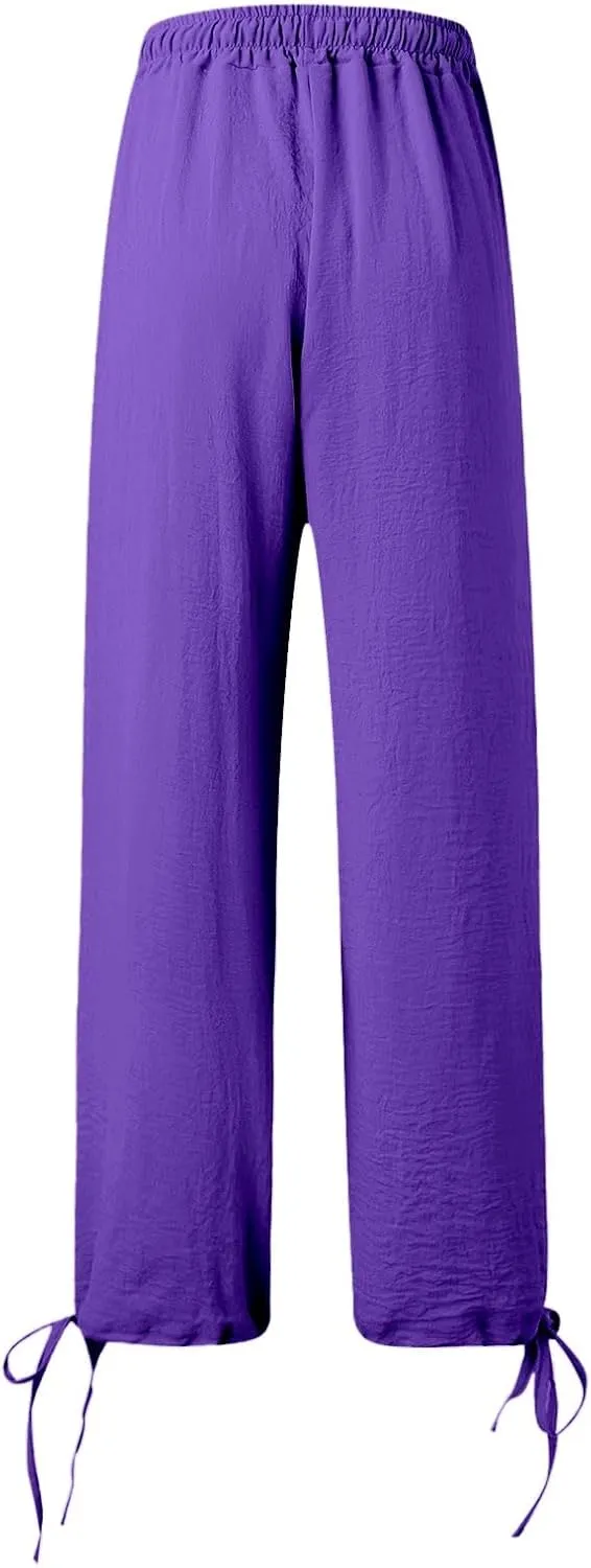 Womens Drawstring Elastic Waist Pants Casual Wide Leg Trousers with Pockets Comfy Straight Leg Pants Bottom Bow Tie