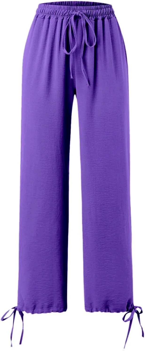 Womens Drawstring Elastic Waist Pants Casual Wide Leg Trousers with Pockets Comfy Straight Leg Pants Bottom Bow Tie