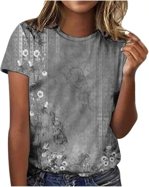 Womens Dressy Tops, Women's Fashion Casual Short Sleeve Flower Print Round Neck Pullover Top Blouse