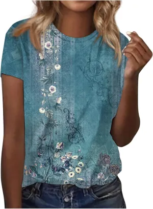 Womens Dressy Tops, Women's Fashion Casual Short Sleeve Flower Print Round Neck Pullover Top Blouse