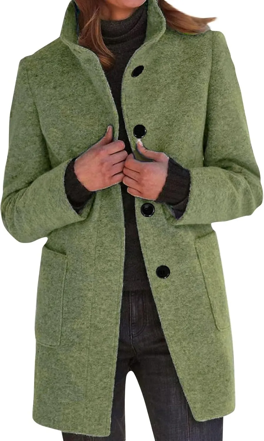Womens Fall Winter Wool Coats Casual Notch Stand Collar Single Breasted Peacoat Thicken Blazer Jacket