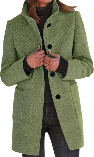 Womens Fall Winter Wool Coats Casual Notch Stand Collar Single Breasted Peacoat Thicken Blazer Jacket
