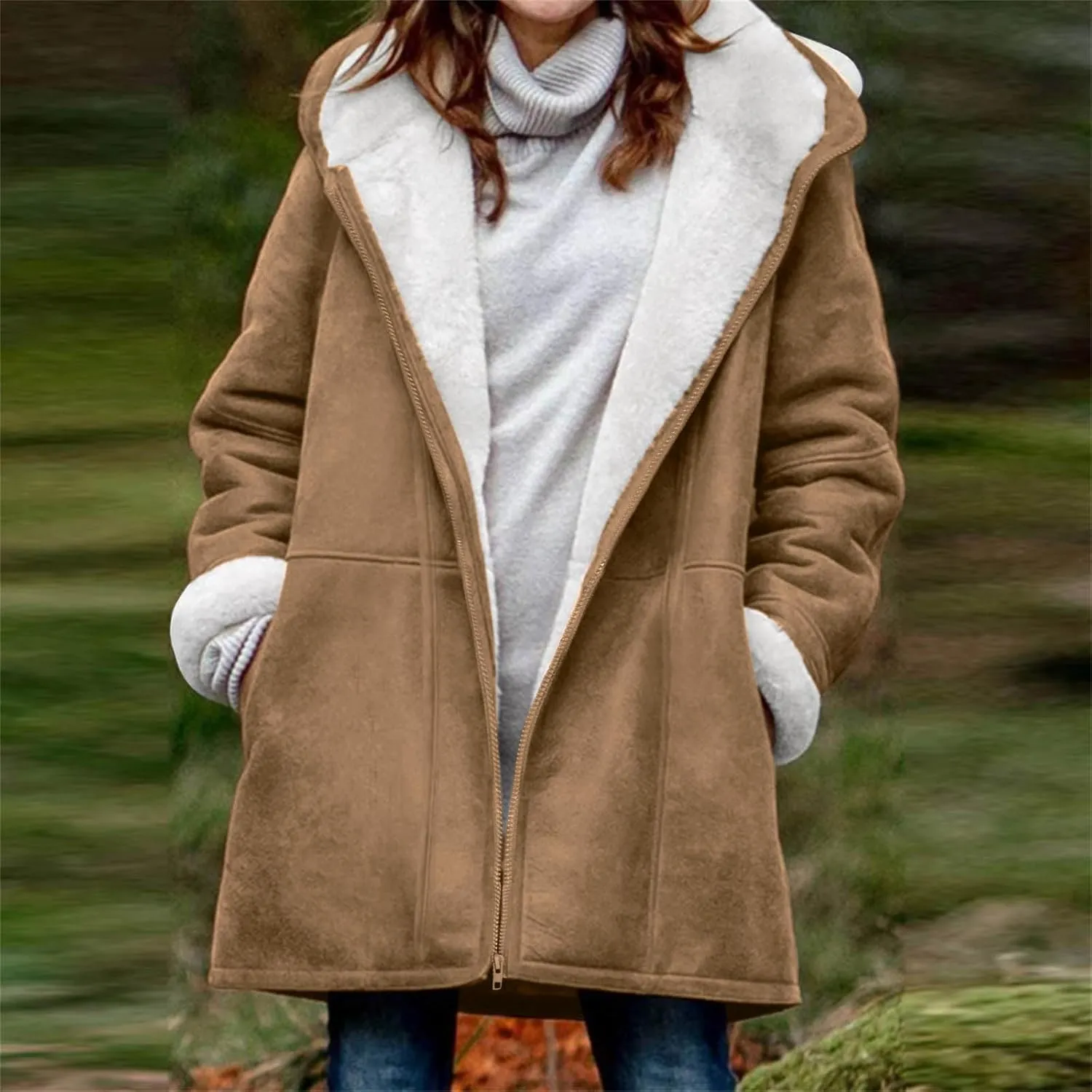 Women's Fleece Coat Sherpa Fuzzy Jackets Zip Up Hooded Coats Winter Plush Solid Casual long Outerwear with Pockets