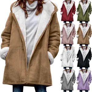 Women's Fleece Coat Sherpa Fuzzy Jackets Zip Up Hooded Coats Winter Plush Solid Casual long Outerwear with Pockets