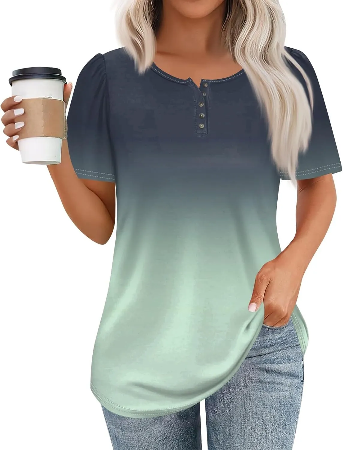 Womens Henley Short Sleeve Summer Dressy Casual Pleated Round Neck Tunic Graphic Tees With Leggings Shirts