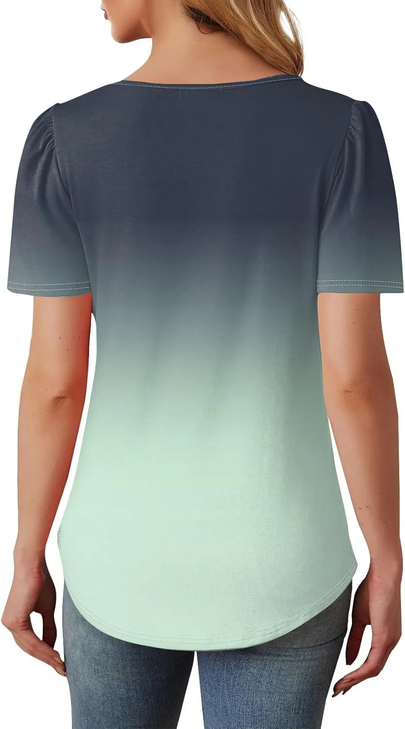 Womens Henley Short Sleeve Summer Dressy Casual Pleated Round Neck Tunic Graphic Tees With Leggings Shirts